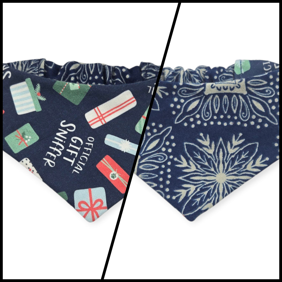 Gift Sniffer/Navy Snowflakes Reversible Slip-on Scrunchie Bandana (Small)