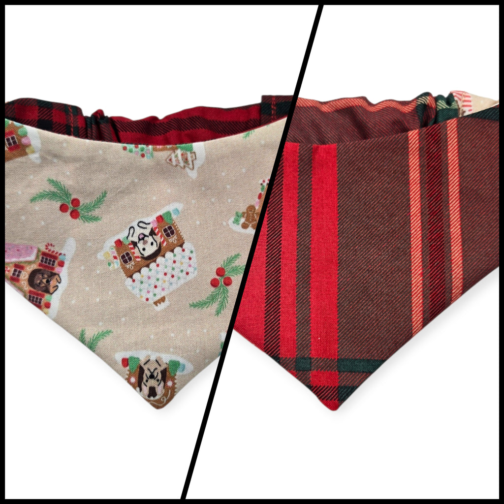 Gingerbread Doghouses/McGregor Red Plaid Reversible Slip-on Scrunchie Bandana (Small)
