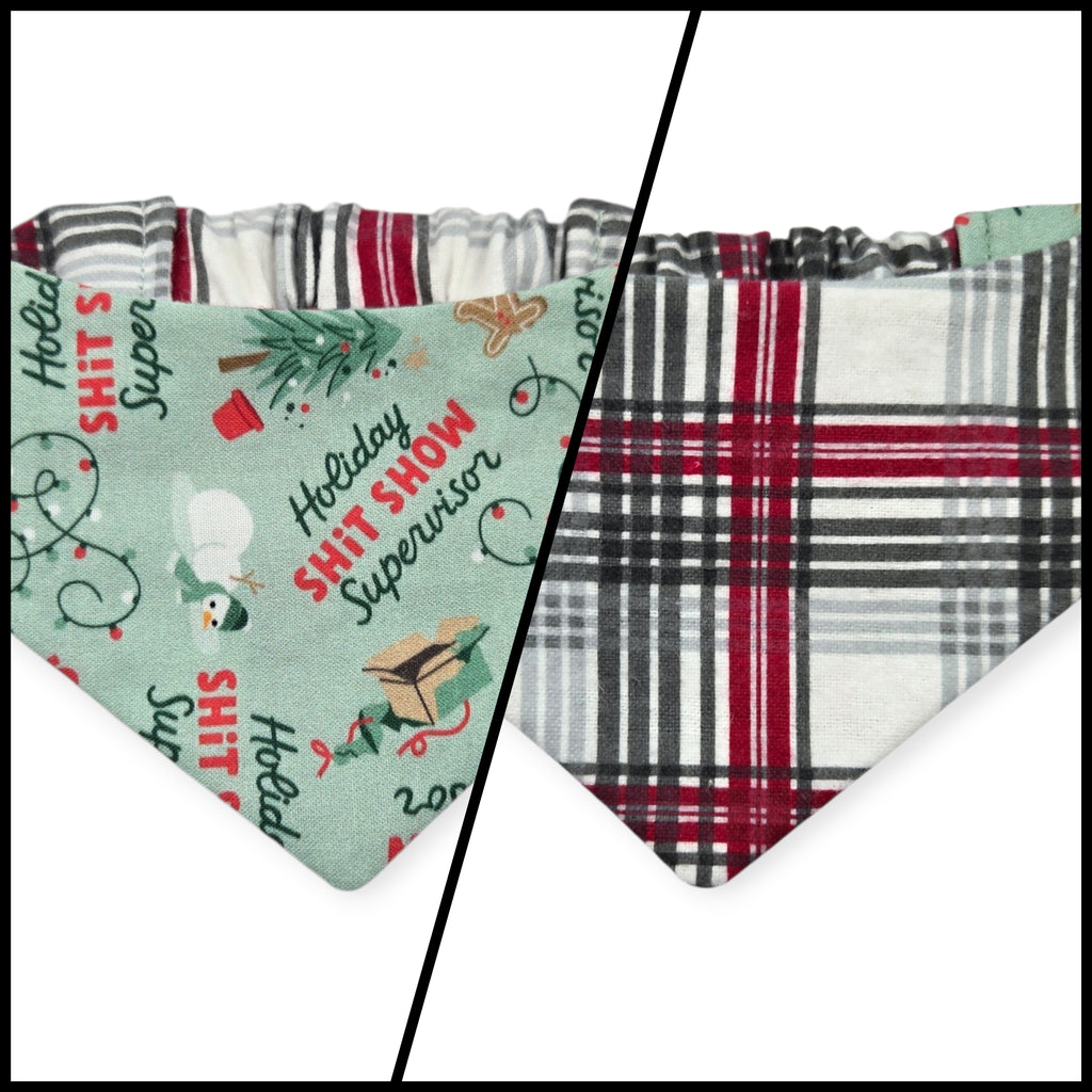 Shit Show Supervisor/Gray Red Cream Plaid Reversible Slip-on Scrunchie Bandana (X-Small/Small)