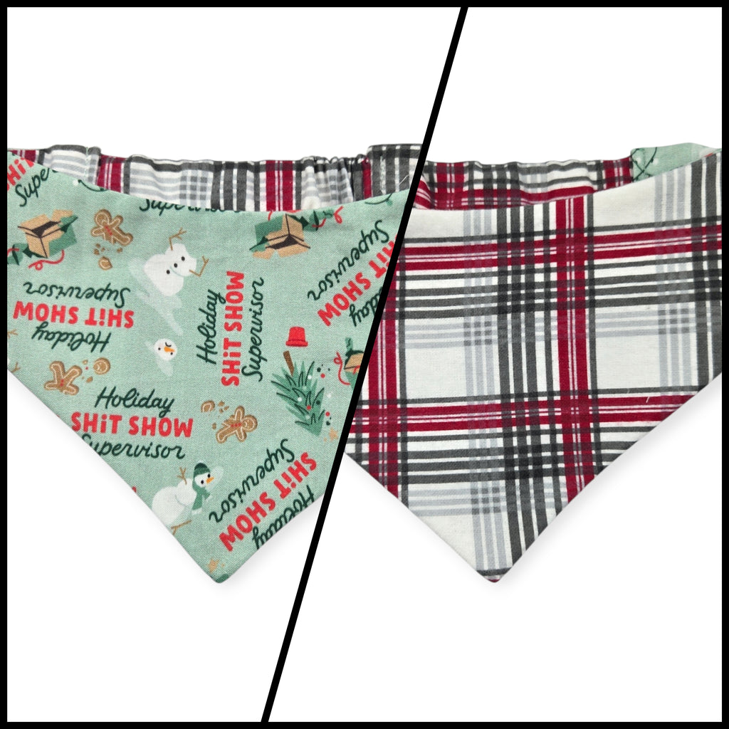 Shit Show Supervisor/Gray Red Cream Plaid Reversible Slip-on Scrunchie Bandana (Medium/Large)