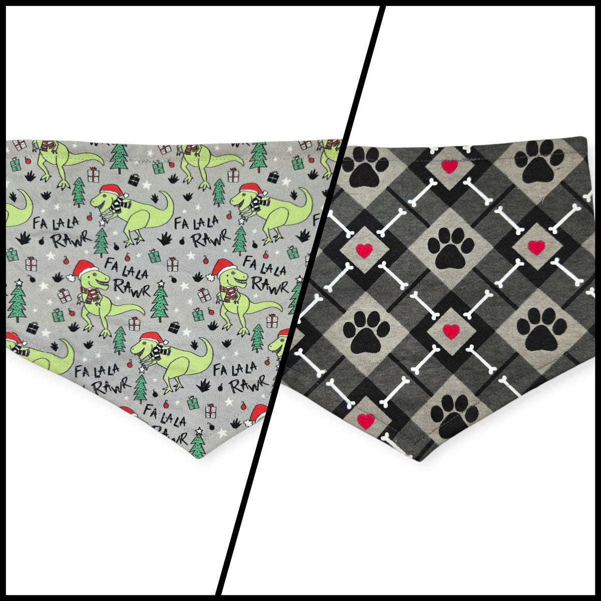 Fa La La RAWR/Gray Paws Plaid Reversible Tie-on Bandana (Medium)