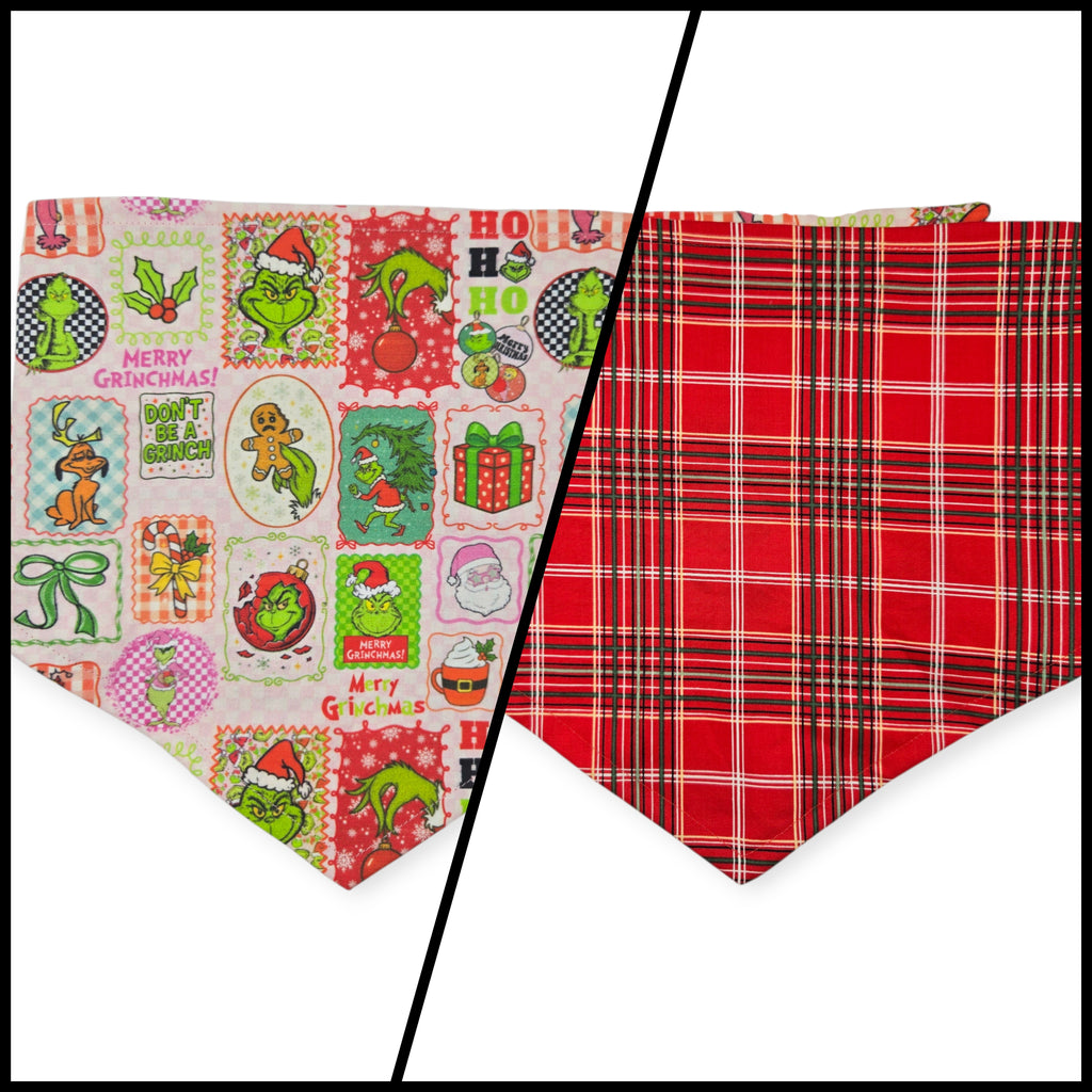 Pink Checkered Grouch/Red Tartan Reversible Tie-on Bandana (Small)