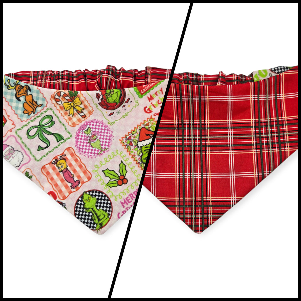Pink Checkered Grouch/Red Tartan Reversible Slip-on Scrunchie Bandana (Medium)