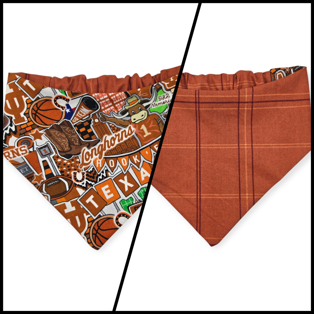 Longhorns Doodles/Orange Plaid Reversible Slip-on Scrunchie Bandana (Small)