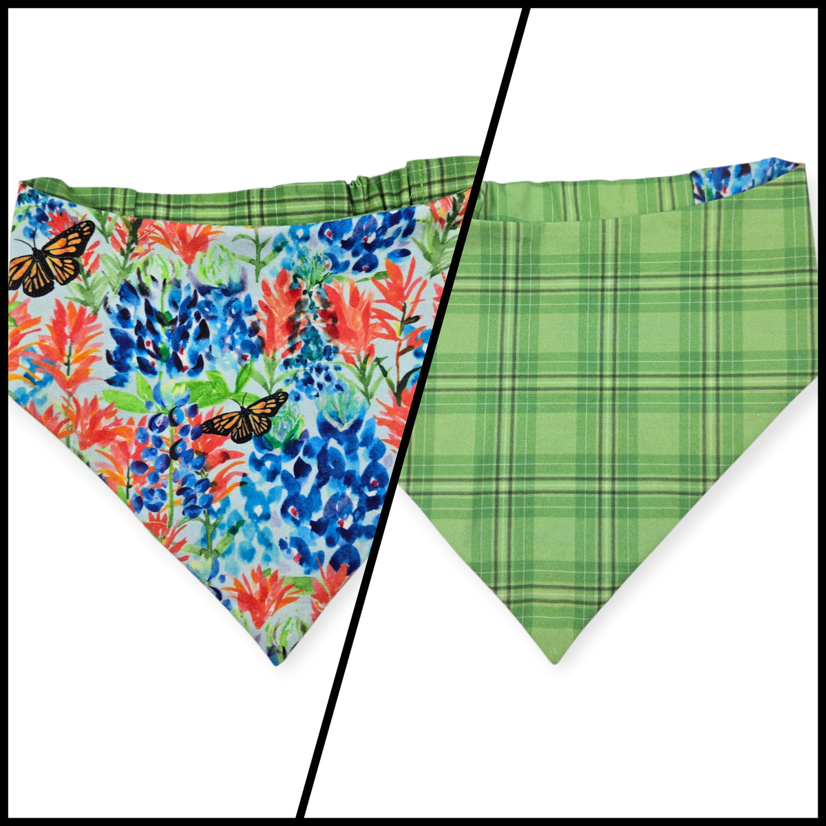 Indian Paintbrush & Bluebonnet/Green Plaid Reversible Slip-on Scrunchie Bandana (Large/X-Large)