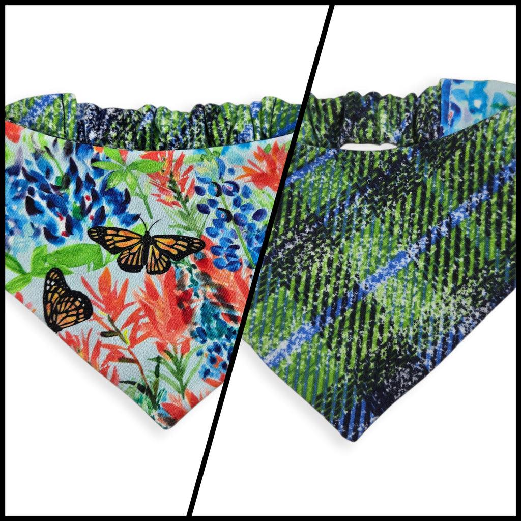 Indian Paintbrush & Bluebonnet/Green Distressed Plaid Reversible Slip-on Scrunchie Bandana (Medium)