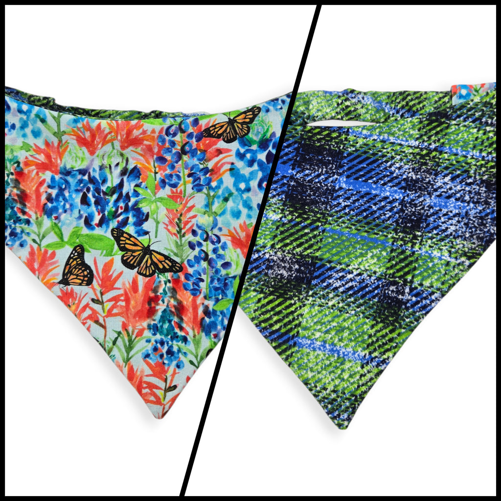 Indian Paintbrush & Bluebonnet/Green Distressed Plaid Reversible Slip-on Scrunchie Bandana (Large/X-Large)