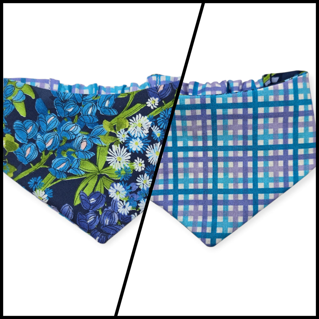 Wild Blossoms on Navy/ Purple & Blue Plaid Reversible Slip-on Scrunchie Bandana (Small)