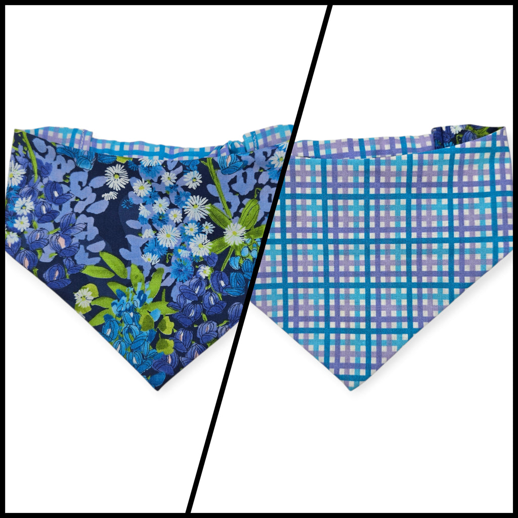 Wild Blossoms on Navy/ Purple & Blue Plaid Reversible Slip-on Scrunchie Bandana (Small/Medium)