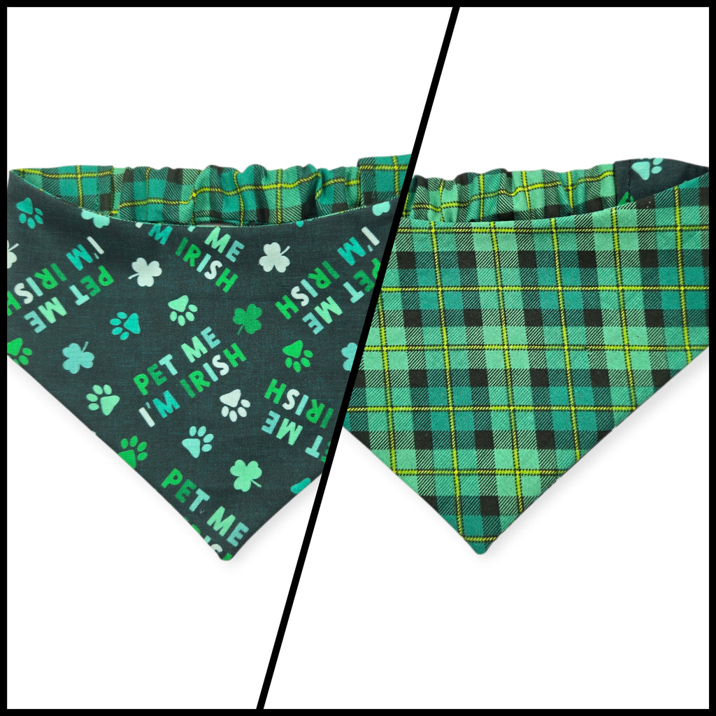 Pet Me I'm Irish/Green Plaid Reversible Slip-on Scrunchie Bandana (Medium)