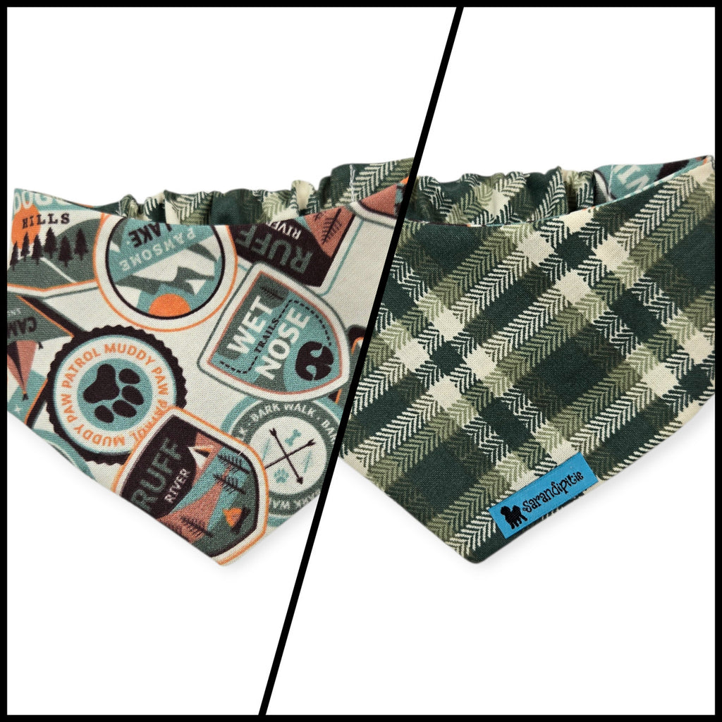 Dog Camping Adventures/Green Plaid Reversible Slip-on Scrunchie Bandana (Small/Medium)