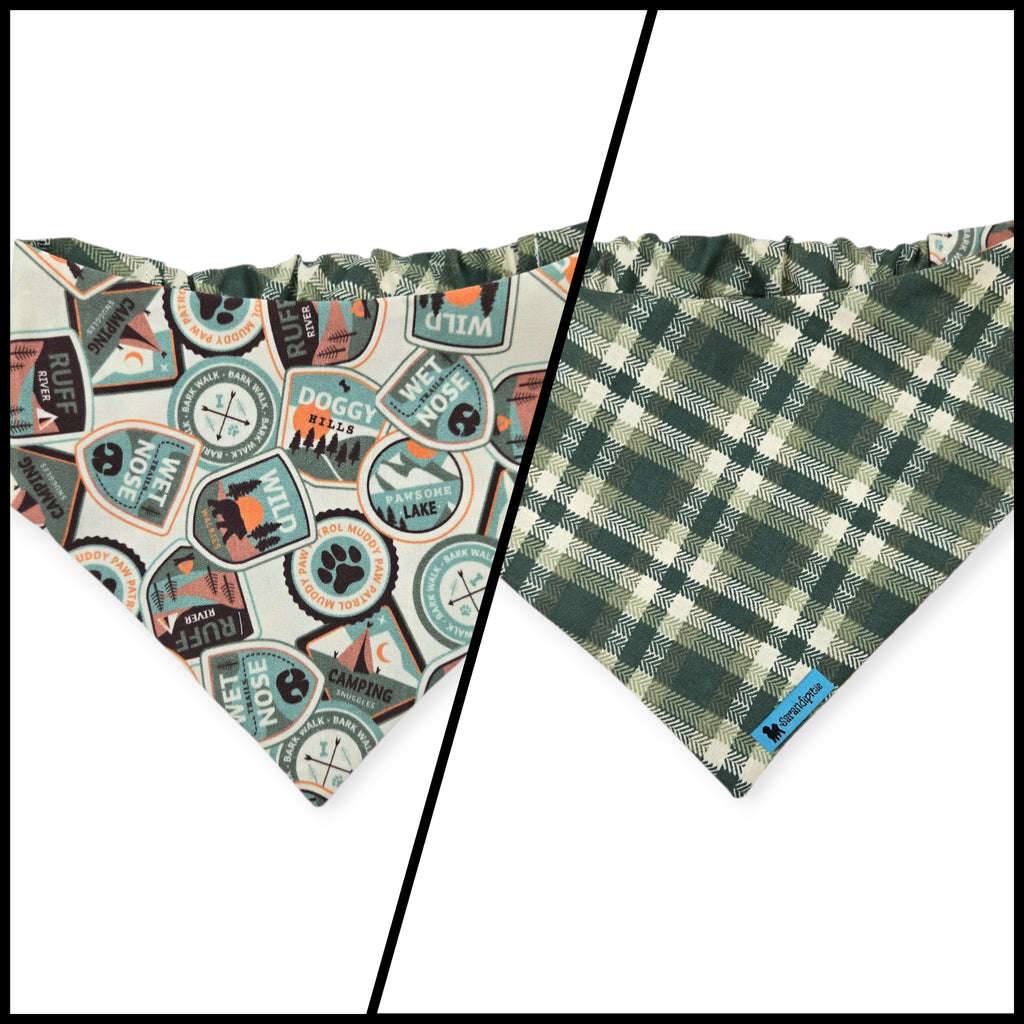 Dog Camping Adventures/Green Plaid Reversible Slip-on Scrunchie Bandana (Medium/Large)