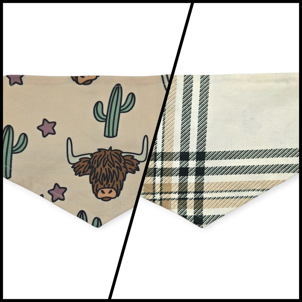 Highland Cow & Saguaro/Cream & Green Plaid Reversible Tie-on Bandana (Medium)