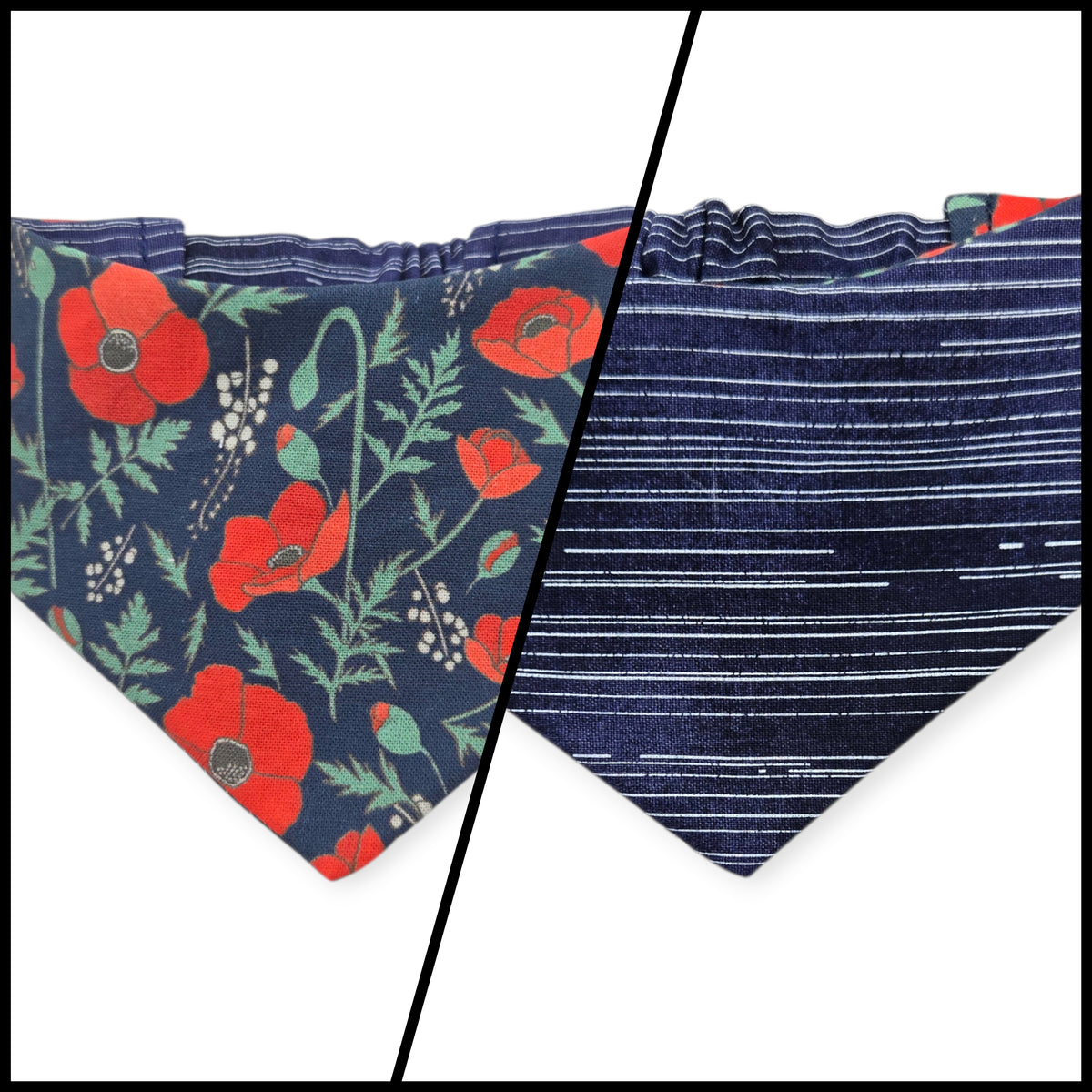 Red Poppies on Midnight Blue/Blue Pinstripe Reversible Slip-on Scrunchie Bandana (Small)