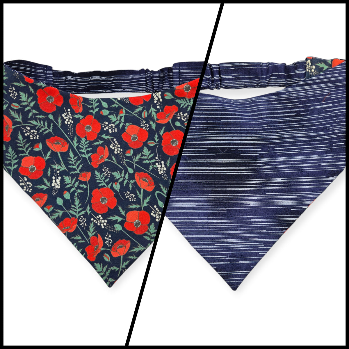 Red Poppies on Midnight Blue/Blue Pinstripe Reversible Slip-on Scrunchie Bandana (Large/X-Large)