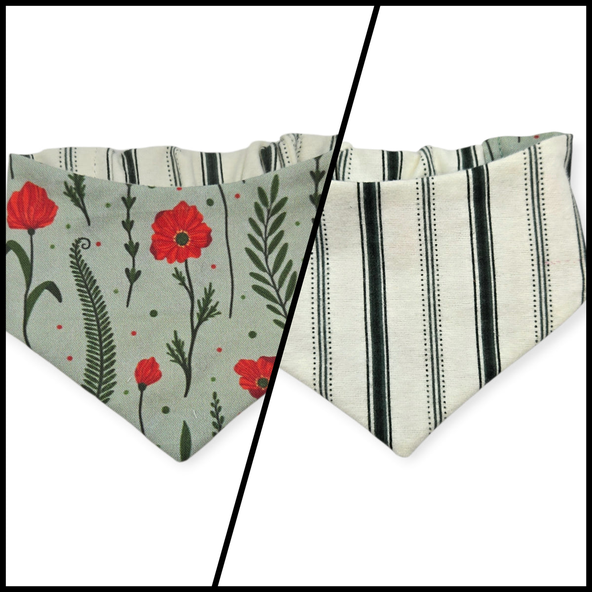 Sage Poppies/Green & Cream Stripes Reversible Slip-on Scrunchie Bandana (X-Small)