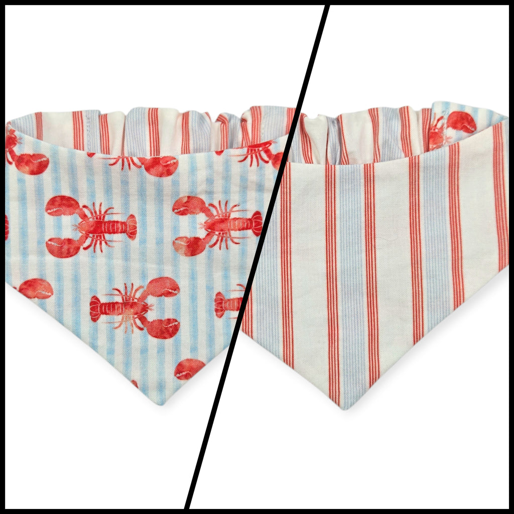 Crawfish on Stripes/Red & Blue Stripes Reversible Slip-on Scrunchie Bandana (Small)