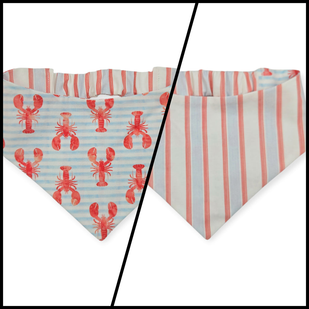 Crawfish on Stripes/Red & Blue Stripes Reversible Slip-on Scrunchie Bandana (Medium)