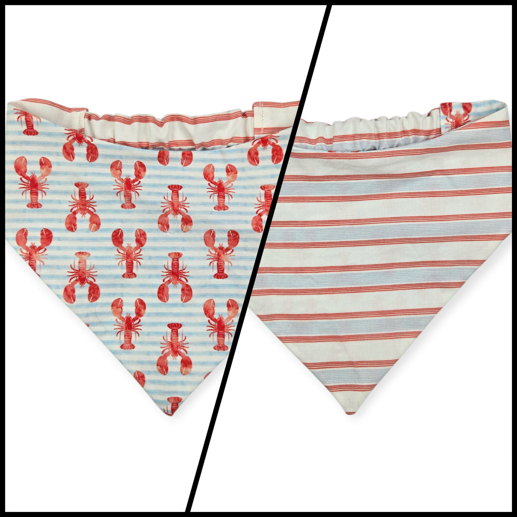 Crawfish on Stripes/Red & Blue Stripes Reversible Slip-on Scrunchie Bandana (Medium/Large)