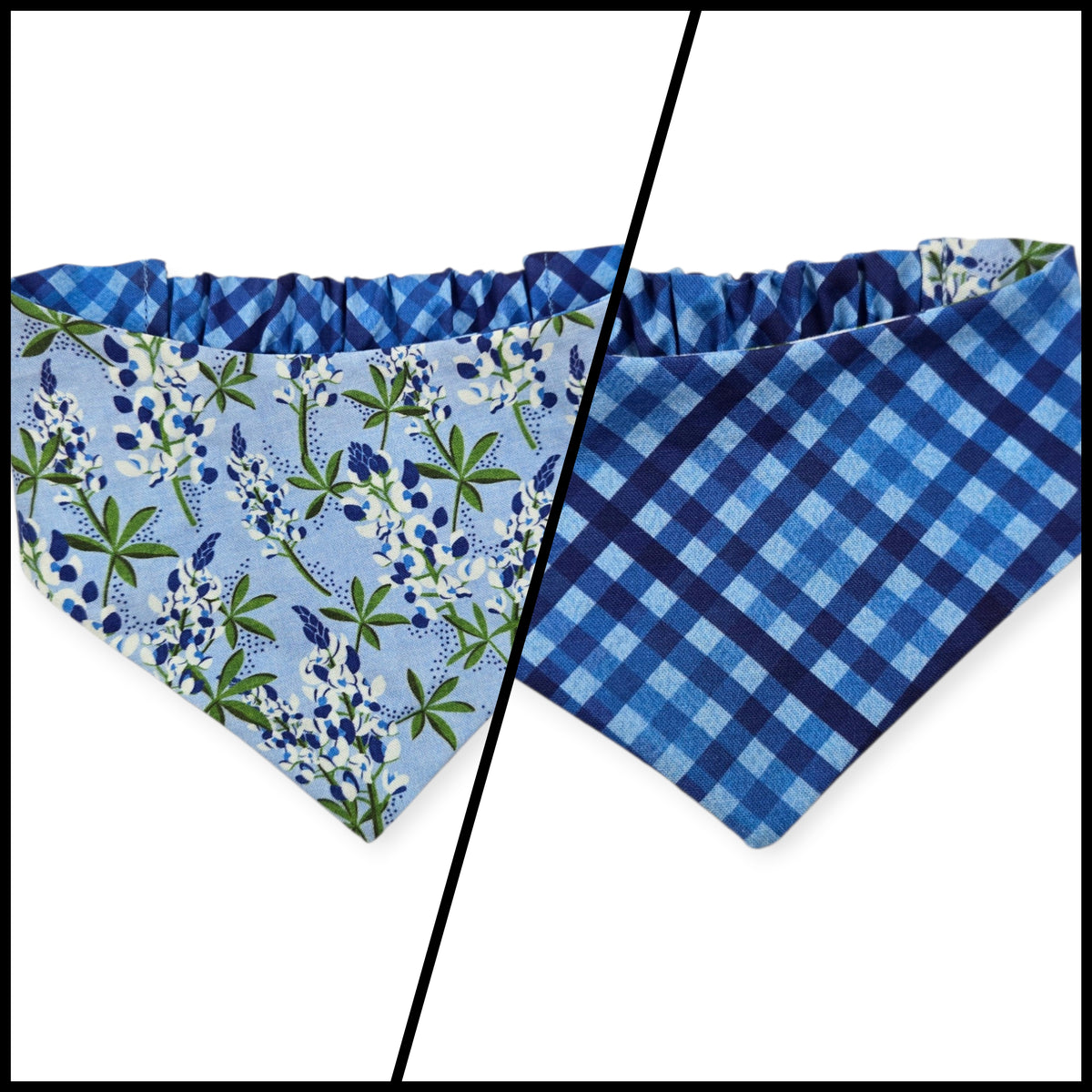 Cottagecore Bluebonnet/Blue Diagonal Plaid Reversible Slip-on Scrunchie Bandana (Small/Medium)