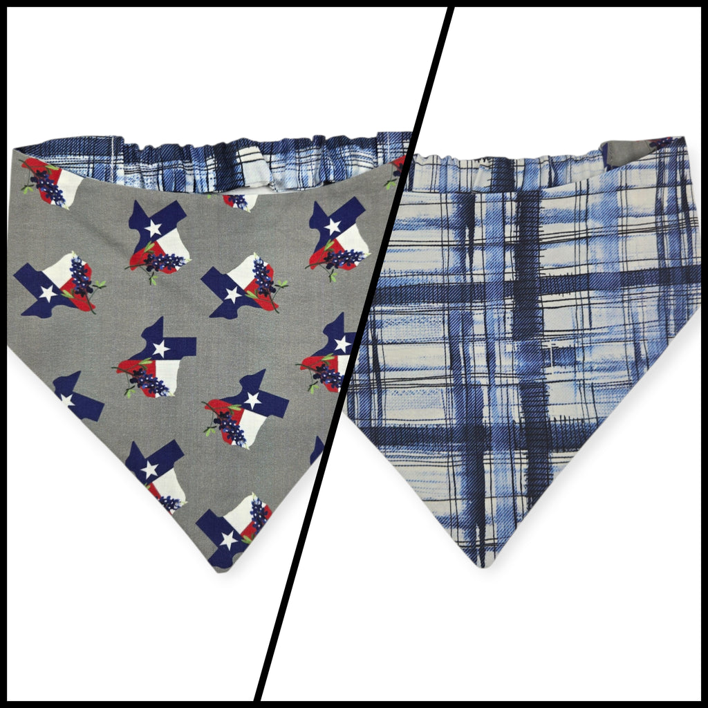 Texas Bluebonnet/Denim Tartan Plaid Reversible Slip-on Scrunchie Bandana (Large)