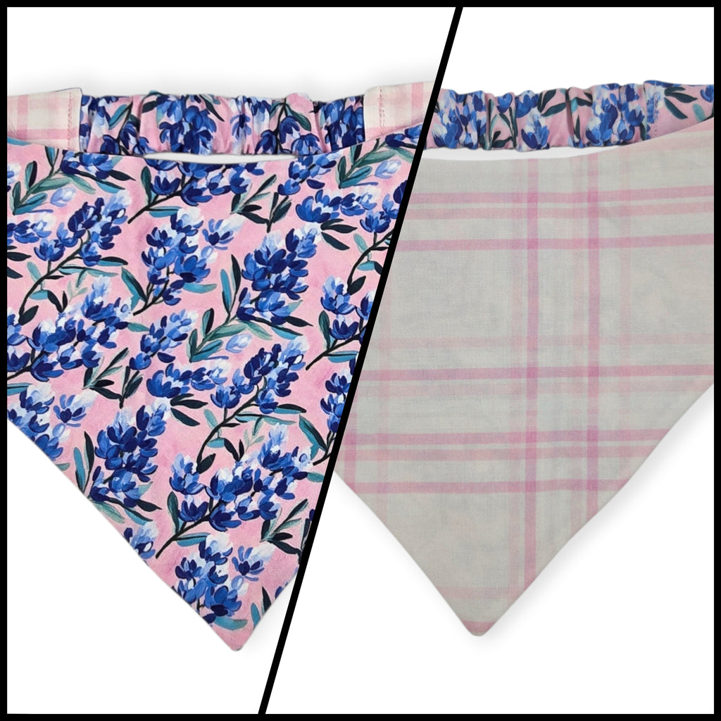 Pink Preppy Bluebonnets/Pink Plaid Reversible Slip-on Scrunchie Bandana (X-Large)
