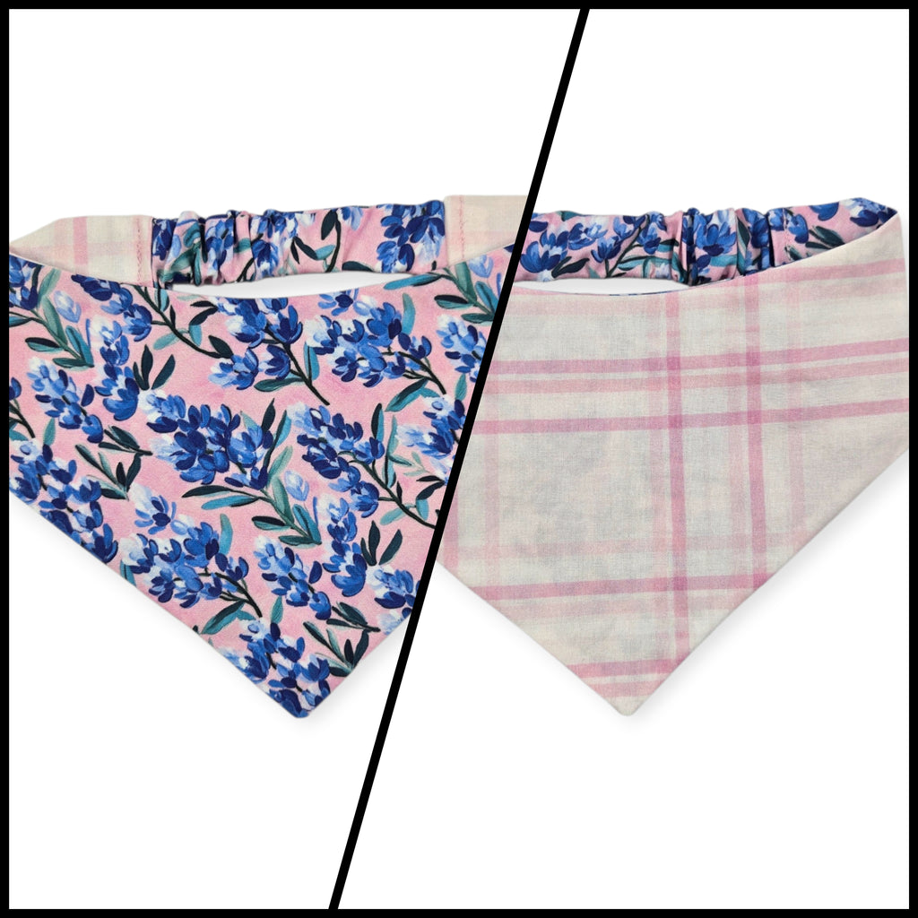 Pink Preppy Bluebonnets/Pink Plaid Reversible Slip-on Scrunchie Bandana (Medium)