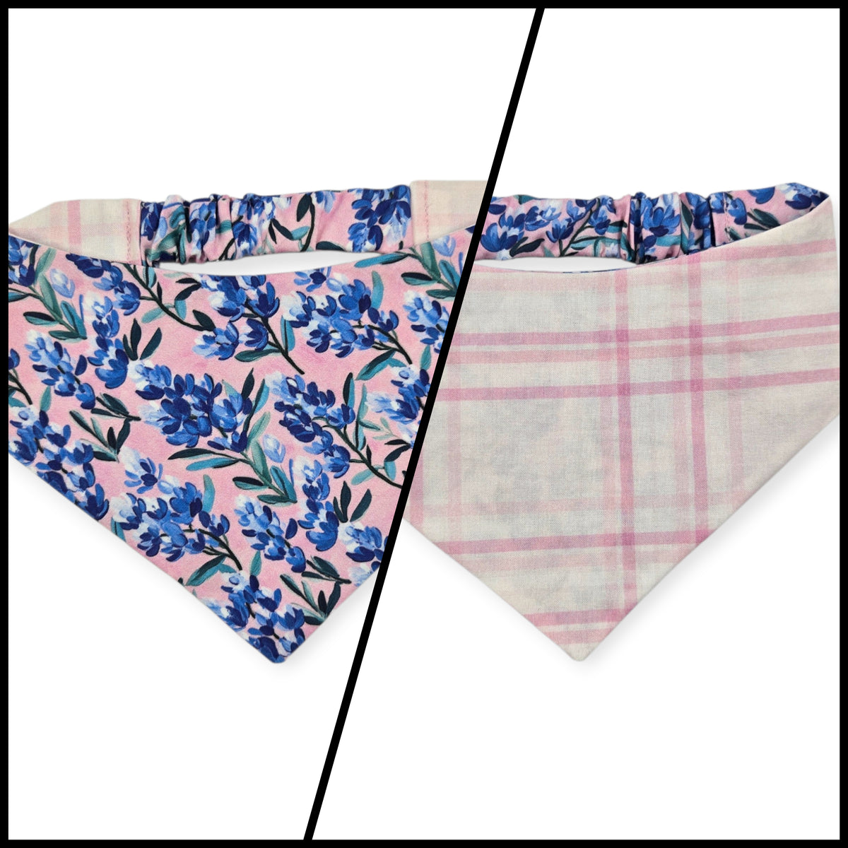 Pink Preppy Bluebonnets/Pink Plaid Reversible Slip-on Scrunchie Bandana (Medium)