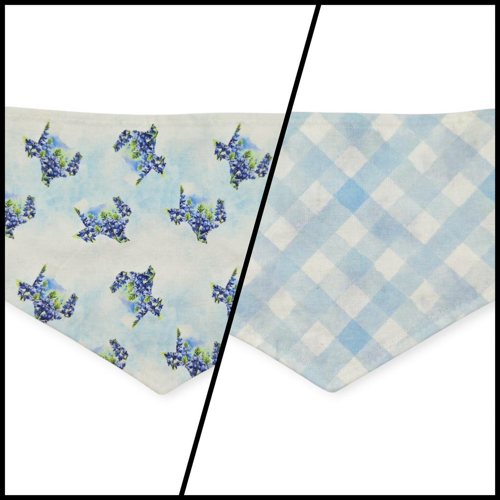 Texas Shaped Bluebonnet/Blue Watercolor Plaid Reversible Tie-on Bandana (Large)
