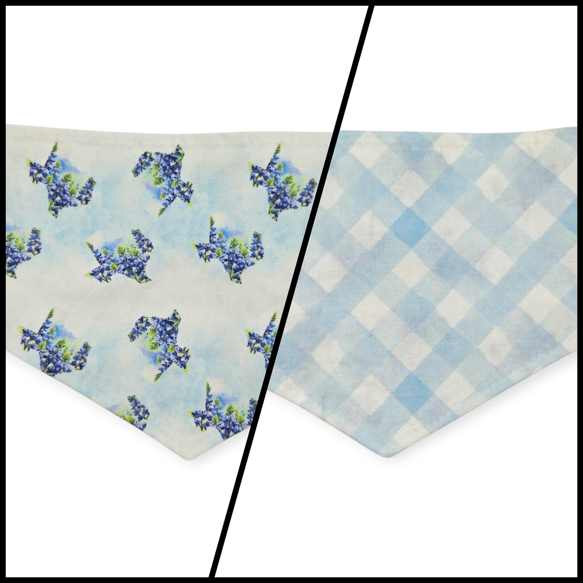 Texas Shaped Bluebonnet/Blue Watercolor Plaid Reversible Tie-on Bandana (Large)