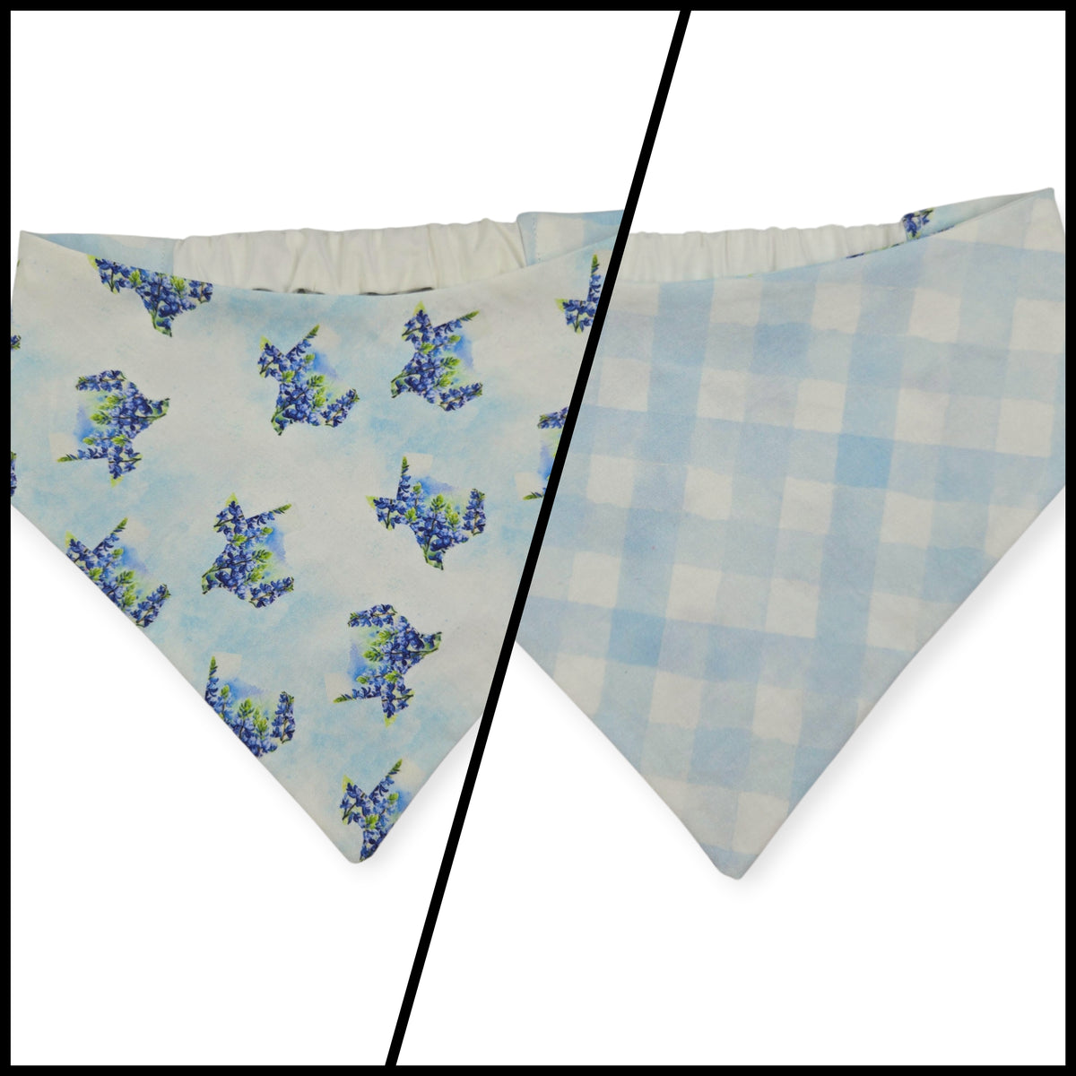 Texas Shaped Bluebonnet/Blue Watercolor Plaid Reversible Slip-on Scrunchie Bandana (Large)