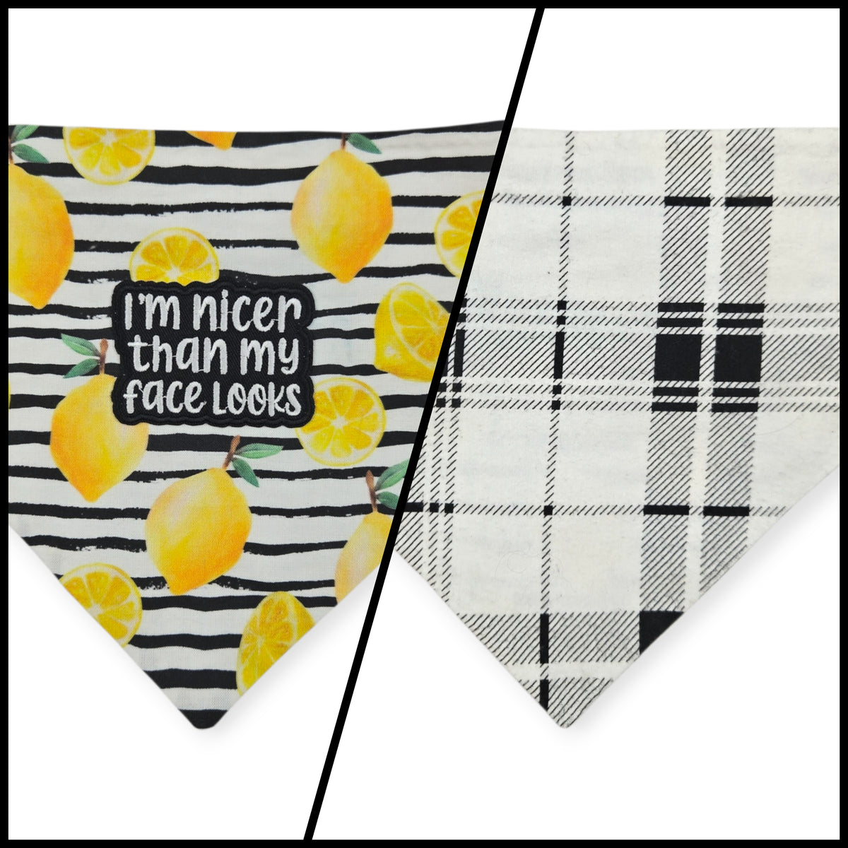 Watercolor Lemons/Black & White Plaid Slip-on Scrunchie Bandana (Medium/Large)