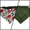 Red Poppy Block Print/Dark Olive Plaid Reversible Slip-on Scrunchie Bandana (Small)