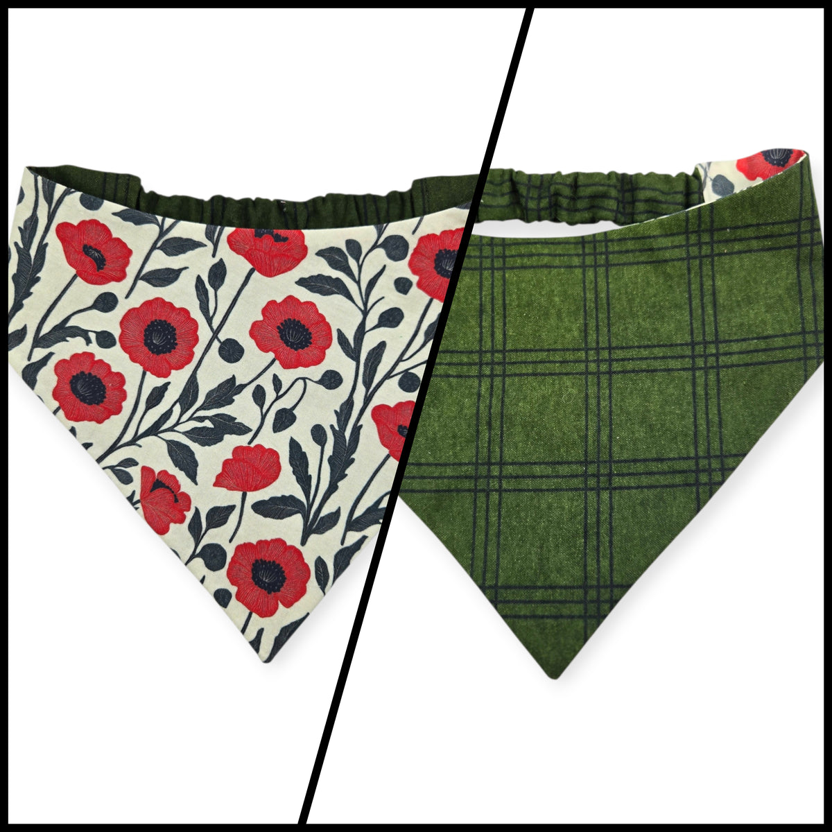 Red Poppy Block Print/Dark Olive Plaid Reversible Slip-on Scrunchie Bandana (Large)