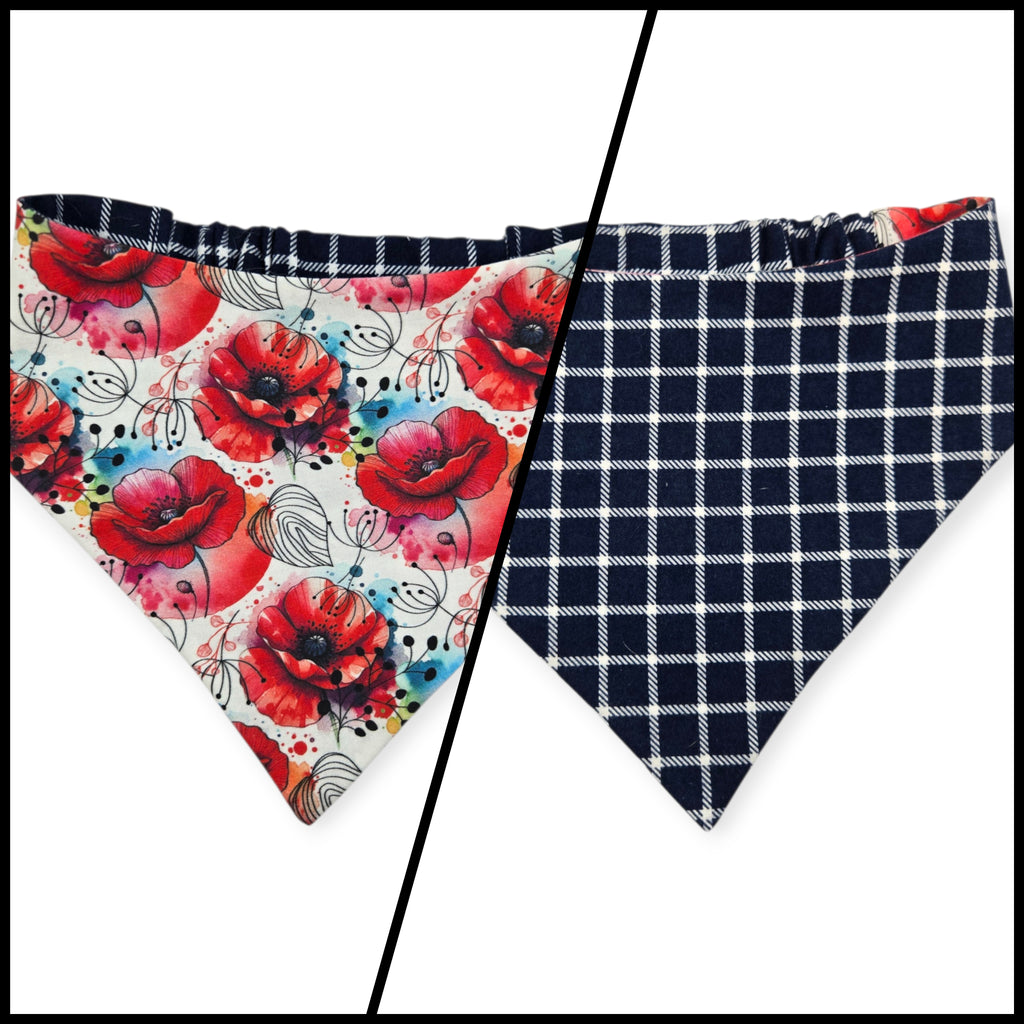Watercolor Poppy/Navy Windowpane Plaid Reversible Slip-on Scrunchie Bandana (Large)