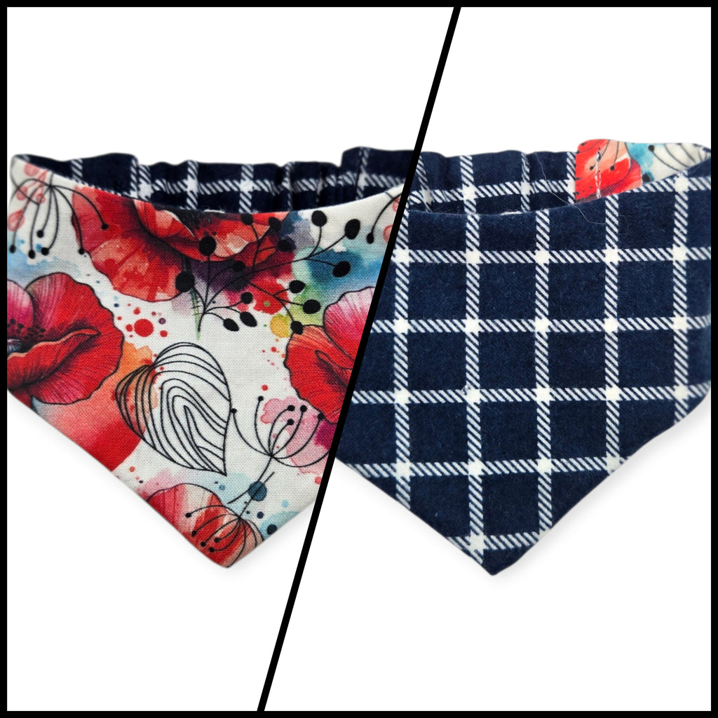 Watercolor Poppy/Navy Windowpane Plaid Reversible Slip-on Scrunchie Bandana (Small)