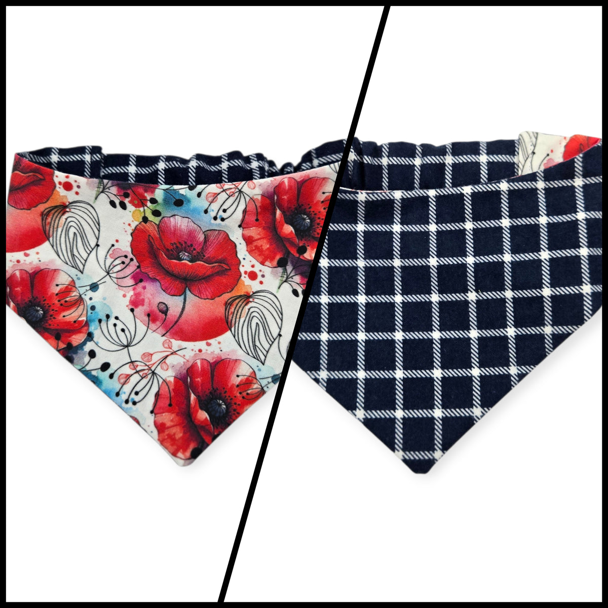 Watercolor Poppy/Navy Windowpane Plaid Reversible Slip-on Scrunchie Bandana (Medium/Large)