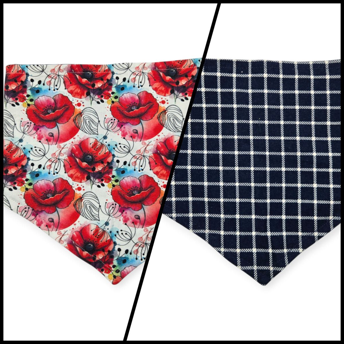 Watercolor Poppy/Navy Windowpane Plaid Reversible Tie-on Bandana (Large)