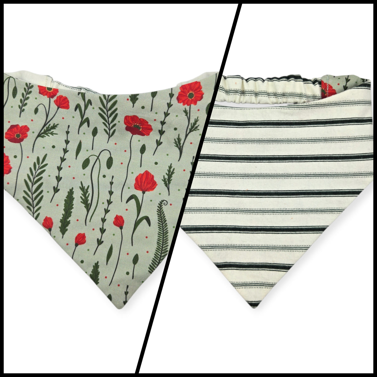 Sage Poppies/Green & Cream Stripes Reversible Slip-on Scrunchie Bandana (Large)