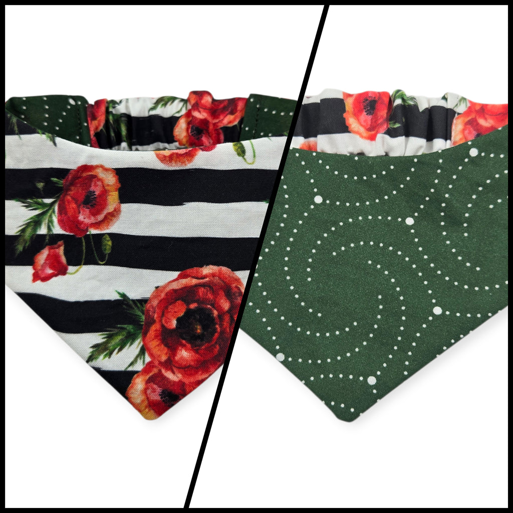 Poppies on Stripes/Dark Olive Swirl Reversible Slip-on Scrunchie Bandana (Small)
