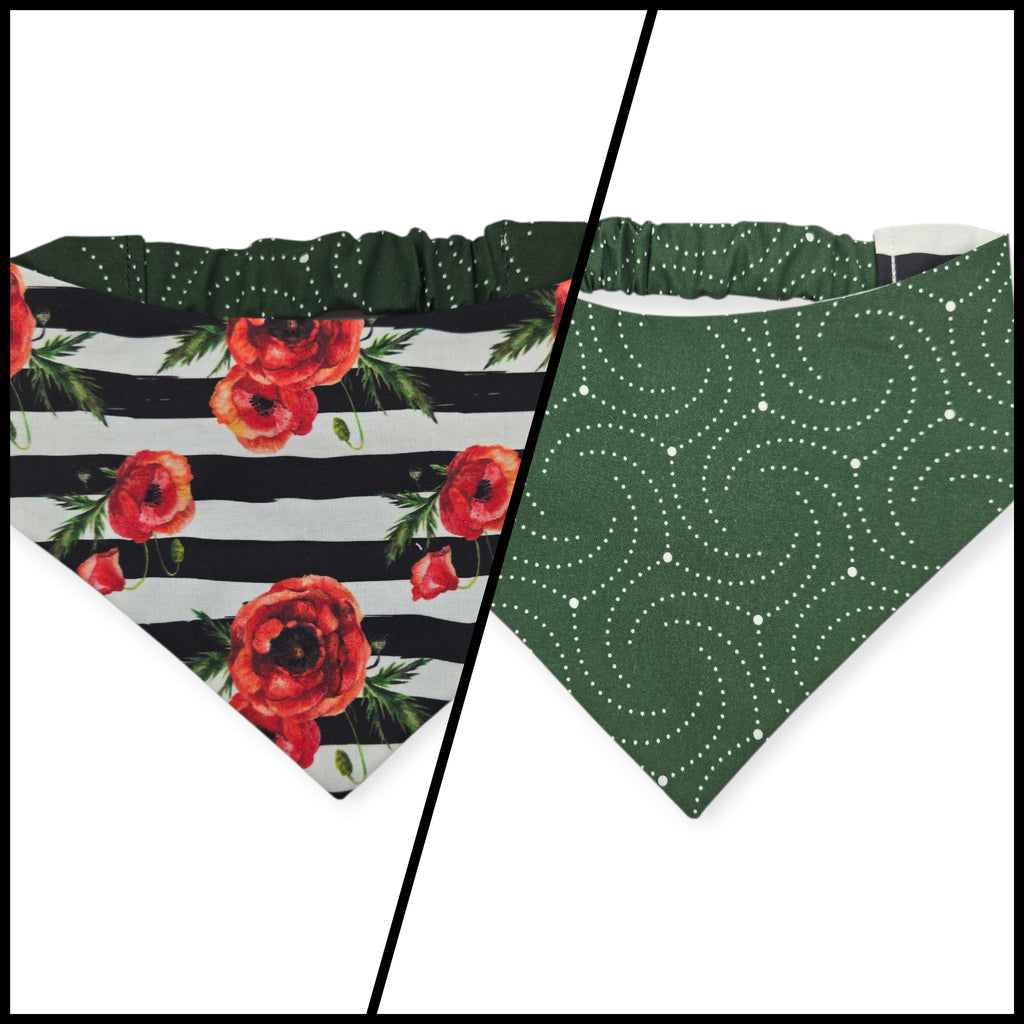 Poppies on Stripes/Dark Olive Swirl Reversible Slip-on Scrunchie Bandana (Small/Medium)