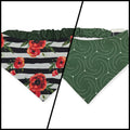 Poppies on Stripes/Dark Olive Swirl Reversible Slip-on Scrunchie Bandana (Small/Medium)