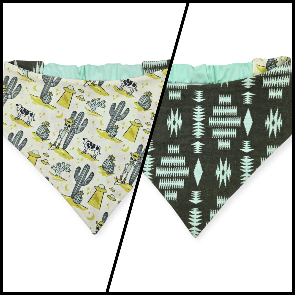 Cosmic Western Cowboy/Dark Olive Southwestern Reversible Slip-on Scrunchie Bandana (Large)