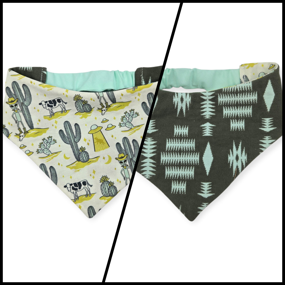 Cosmic Western Cowboy/Dark Olive Southwestern Reversible Slip-on Scrunchie Bandana (Small)