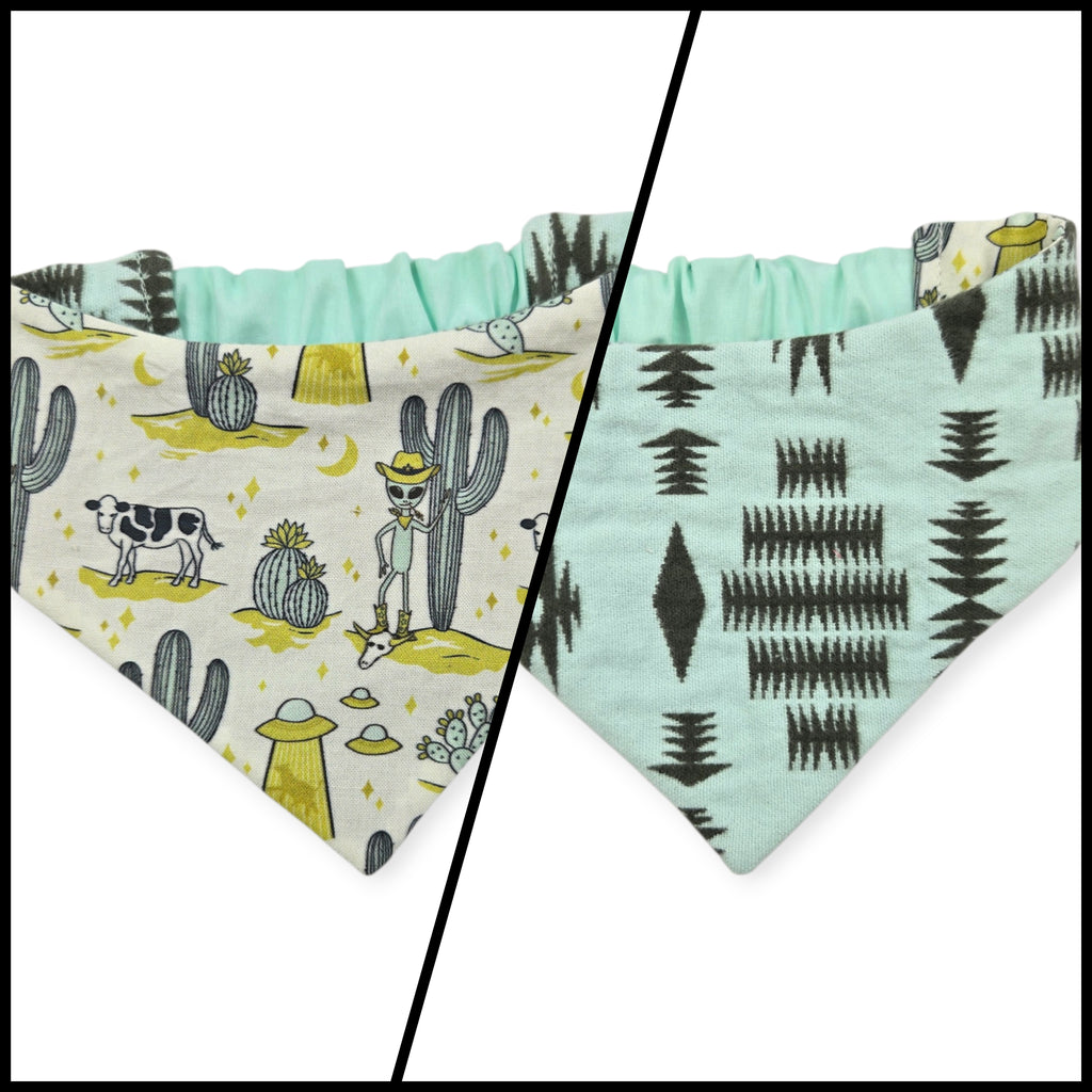 Cosmic Western Cowboy/Dark Olive Southwestern Reversible Slip-on Scrunchie Bandana (X-Small)