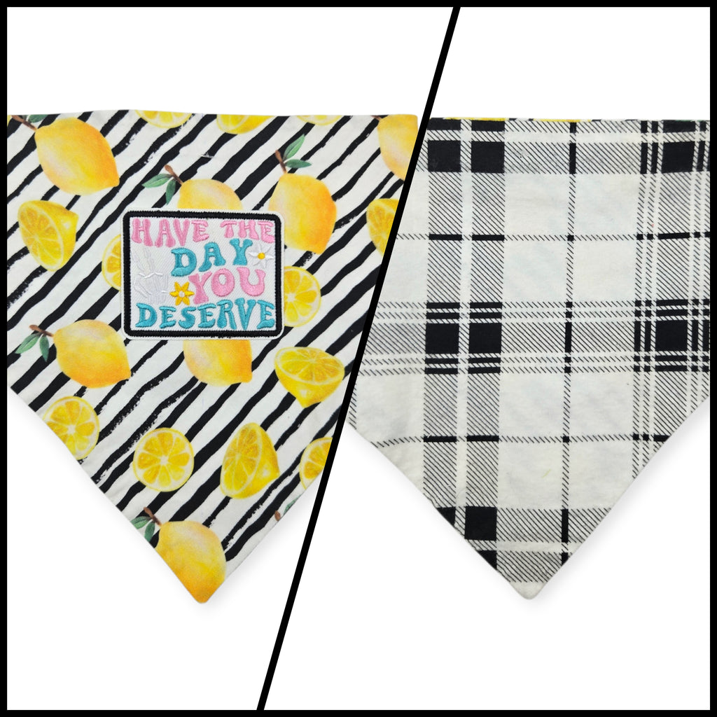 Watercolor Lemons/Black & White Plaid Slip-on Scrunchie Bandana (Large)