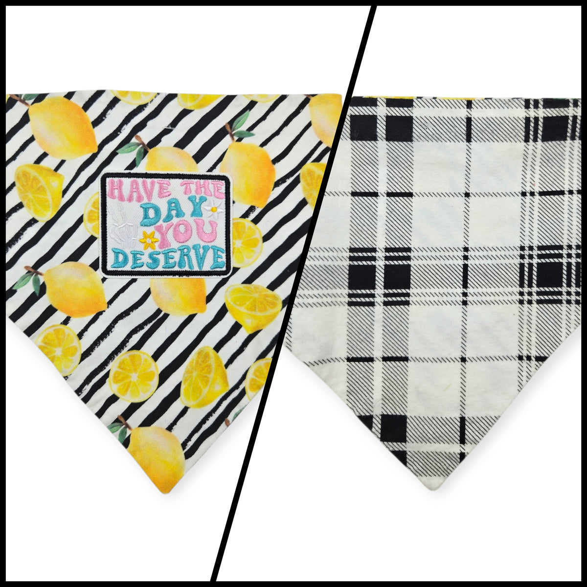 Watercolor Lemons/Black & White Plaid Slip-on Scrunchie Bandana (Large)