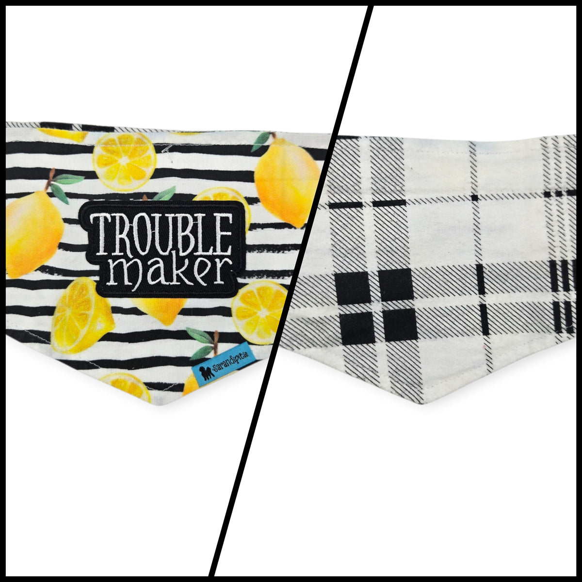 Watercolor Lemons/Black & White Plaid Reversible Tie-on Bandana (X-Small)