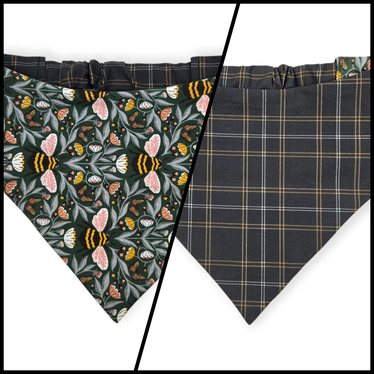 Honey Garden Bee-utiful Bees/Black Plaid Reversible Slip-on Scrunchie Bandana (Large)