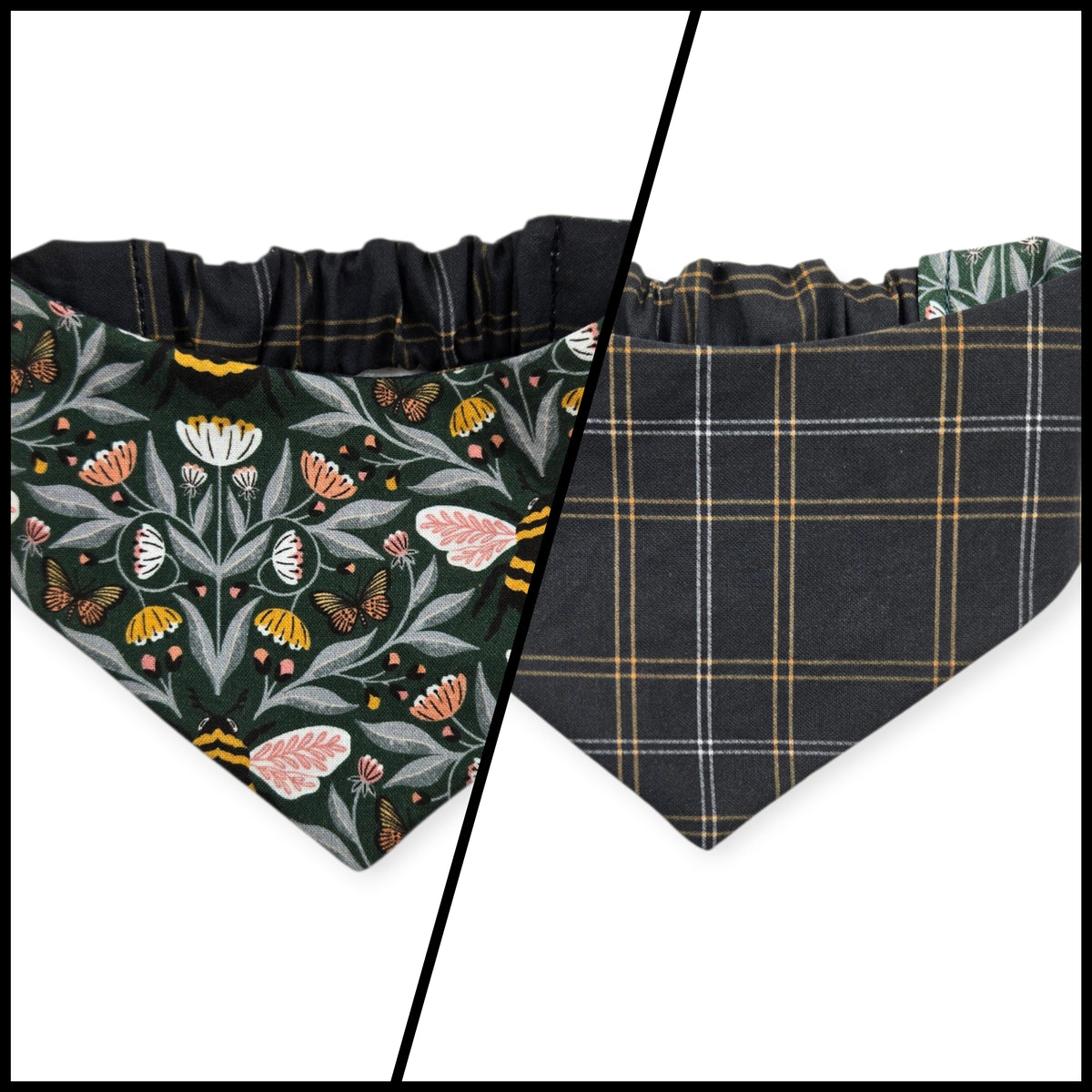 Honey Garden Bee-utiful Bees/Black Plaid Reversible Slip-on Scrunchie Bandana (X-Small/Small)